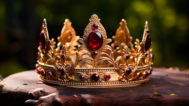 Golden crown with gems on wooden background