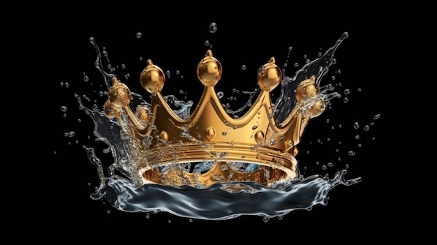 A golden crown with water splashes on a black background generative ai