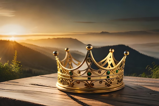Golden crown on a wooden deck with mountains background