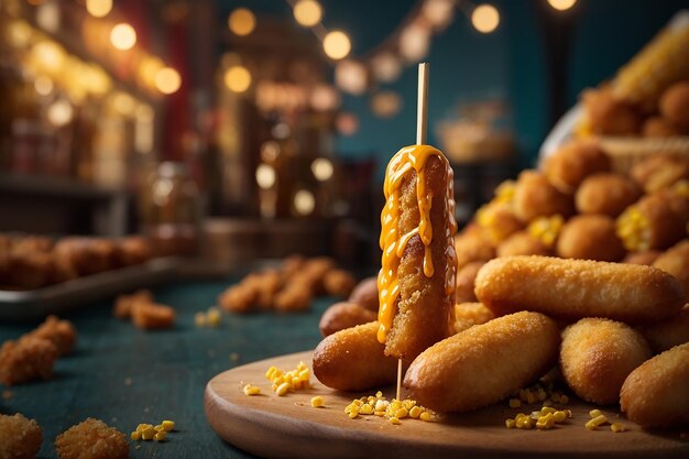 Golden crunch delight a tempting highangle glimpse of a man's hands grasping a delicious corn dog