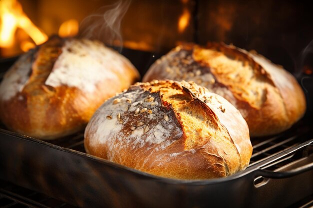 Golden Crusty Bread Loaves Fresh from Oven