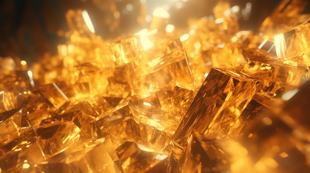 Golden crystals glass cubes wallpaper gold crystals background with abstract light shine in 3D