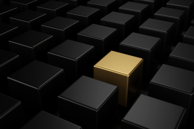 Golden cube in the midst of black cubes with the different concepts. 3D rendering.