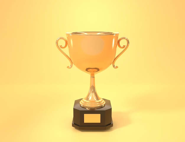 Golden cup award trophy or winner prize on wooden pedestal with empty plate front view Shiny metal goblet with gold bowl for championship isolated on yellow background Realistic 3d illustration