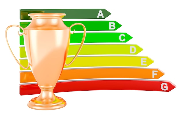 Golden cup award with energy efficiency chart 3D rendering