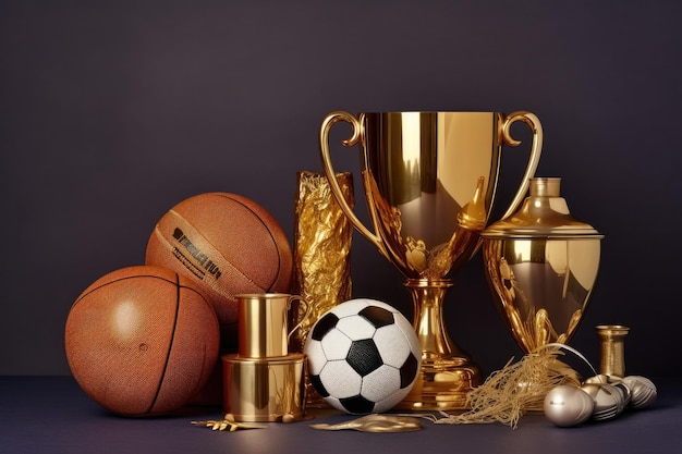 Golden cup among different sports equipment created with generative ai