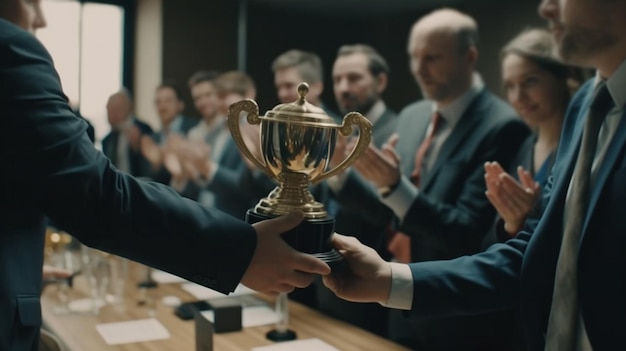 Photo golden cup in the hall with people generative ai