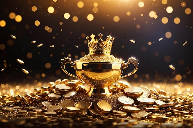 A golden cup with a crown standing on a golden place of coins The concept of a winner wealth and success