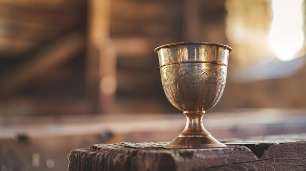 Golden Cup on Wooden Table