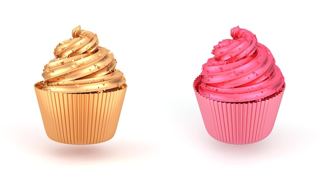 ピンクの背景の黄金のカップケーキ3dレンダリングイラスト
