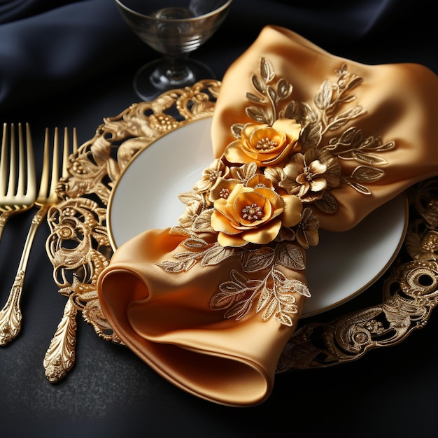 写真 黒い背景のプレートの上にテキスタイルの金色の食器