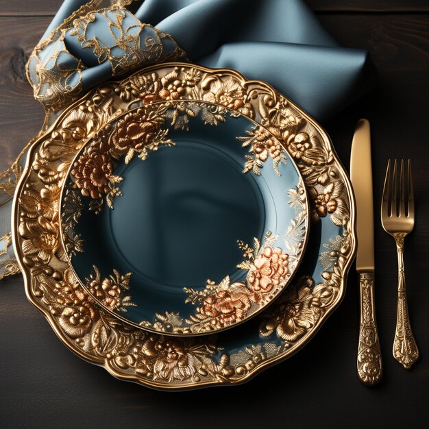 Photo golden cutlery with textile on plate on dark background