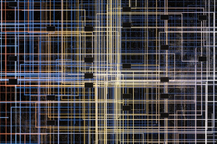 Photo golden cyber space with crossed glowing lines 3d rendering