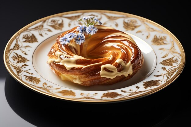 Foto pasticceria danese dorata su un elegante piatto bianco