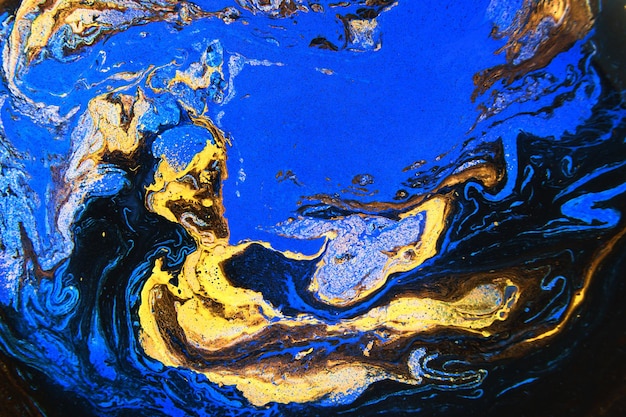 ゴールデンとダークブルーの混合アクリル絵の具抽象的な海ARTナチュラルラグジュアリー