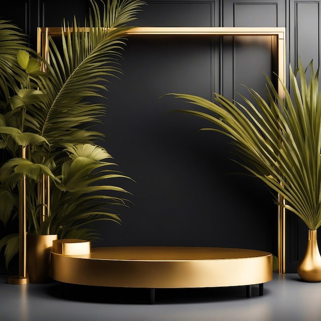 Golden dark podium product platform mockup on a black background featuring tropical palm leaves