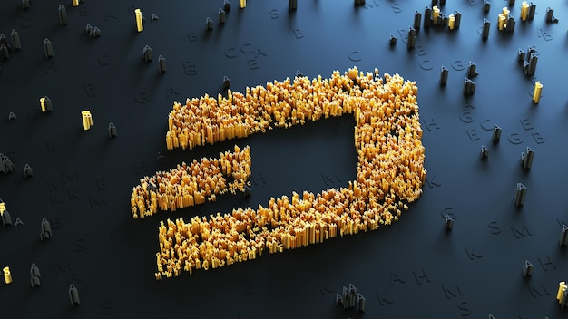 Golden dash coin logo made of 3d letters on abstract background