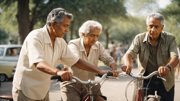 Foto golden days three senior friends pedaling in a sunny park white hair summer