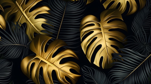 Golden and deep black tropical palm monstera leaves