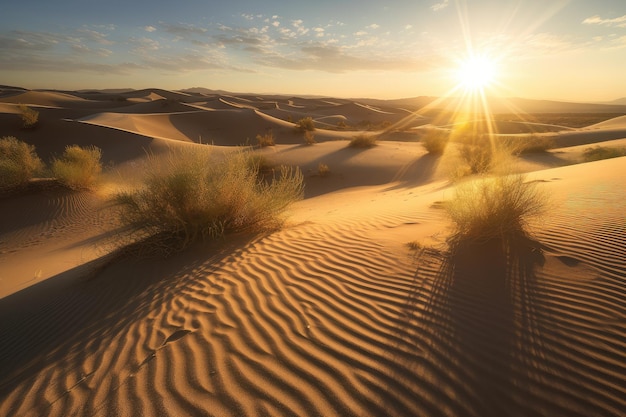 Golden desert burning sun over dunes cacti and hot skies generative IA