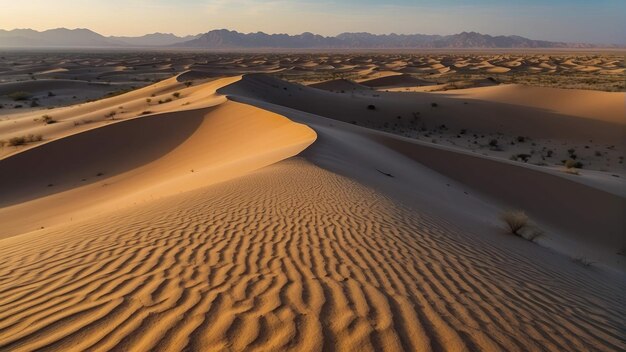 Golden desert dunes at sunset