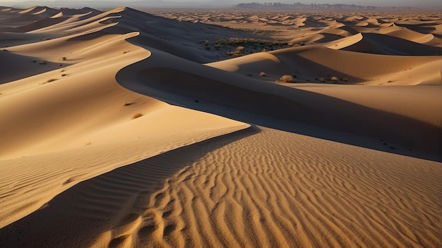 Golden desert dunes at sunset