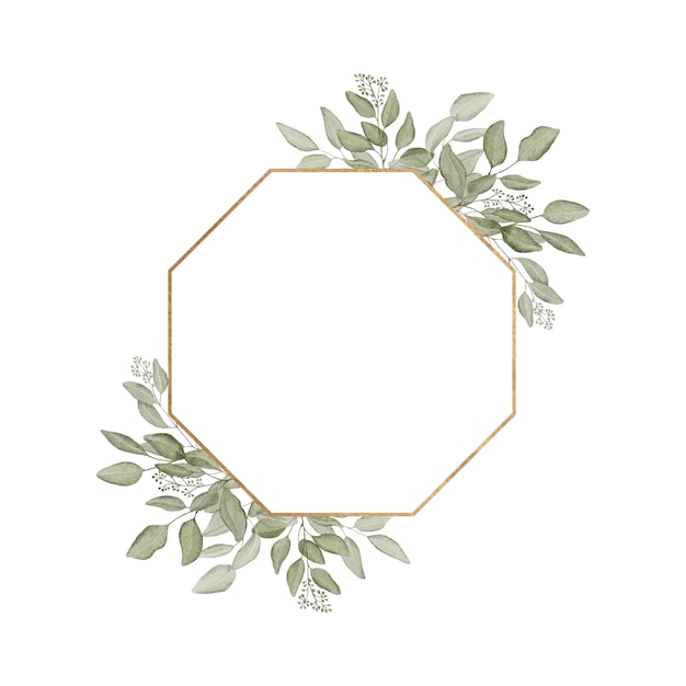 Photo golden diamondshaped frame framed by green eucalyptus leaves on a white isolated background