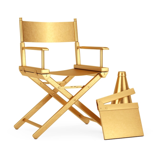 Golden Director Chair, Movie Clapper and Megaphone on a white background. 3d Rendering