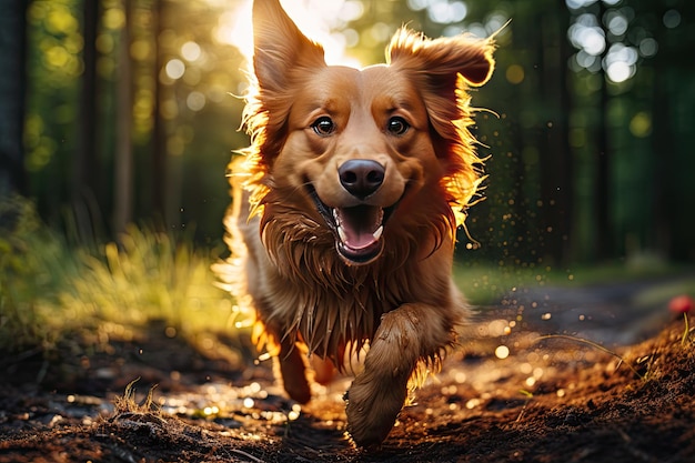 Golden dog playing in the field at dusk with a red ball generative IA