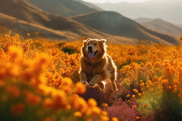 Golden dog playing in flowery field mountains in background generative IA