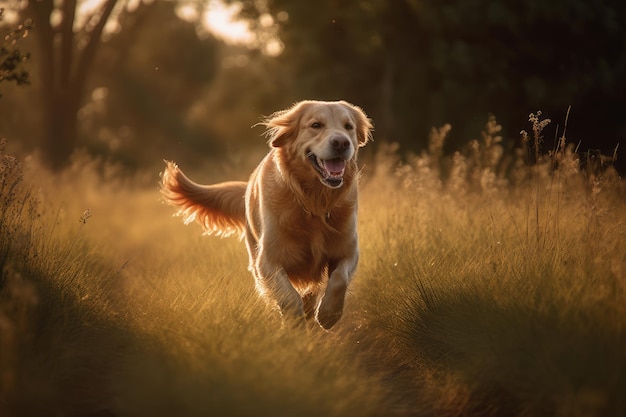 Golden dog running in sunny field generative IA