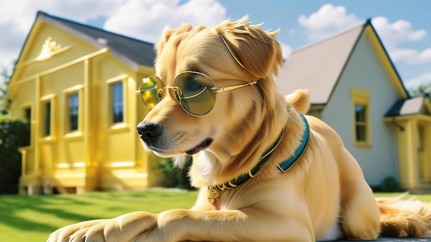 Golden dog sit on the background of a village house