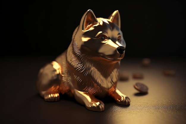 A golden dog statue sits on a table with a black background.