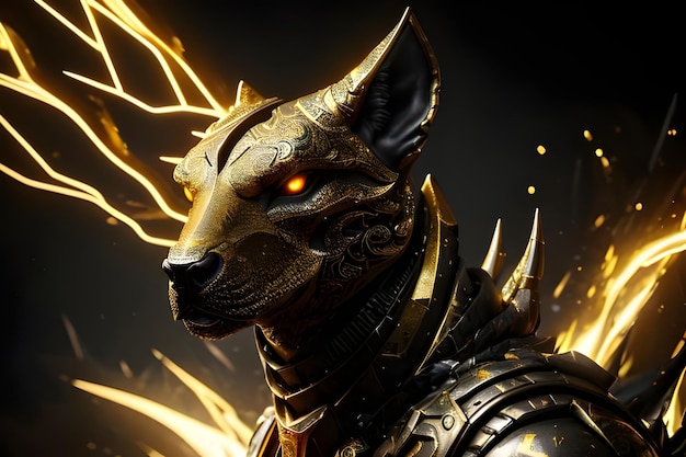 A golden dog with a black collar and a gold helmet with a glowing eye.