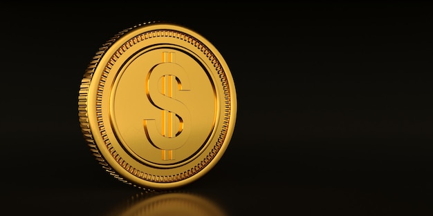 Фото Золотая монета доллар на черном фоне, 3d-рендеринг