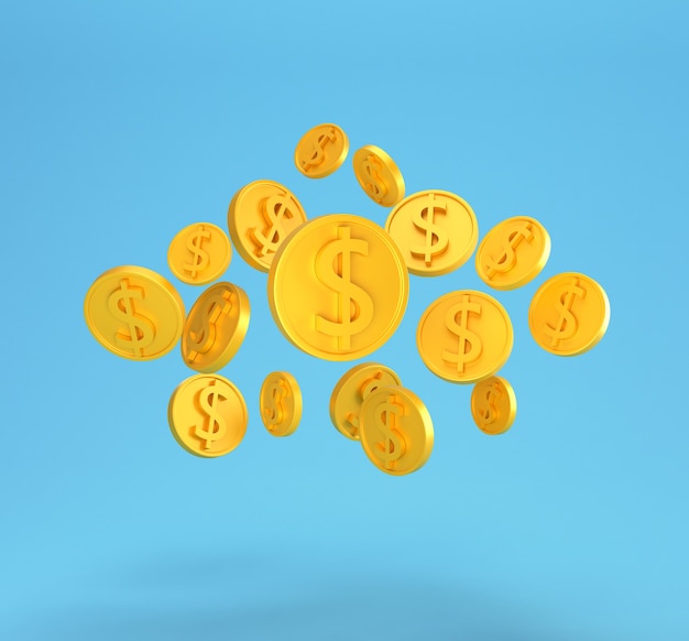 Golden dollar coins falling isolated on blue. minimal US dollar coins.