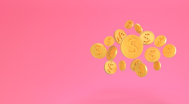 Golden dollar coins falling isolated on pink. minimal US dollar coins