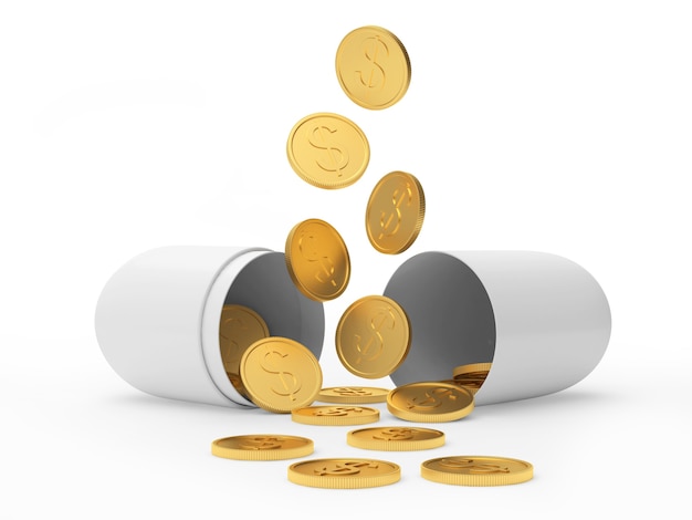 Golden dollar coins pouring on white open medical capsule