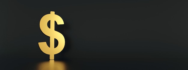 Golden dollar sign over black background 3d render panoramic layout