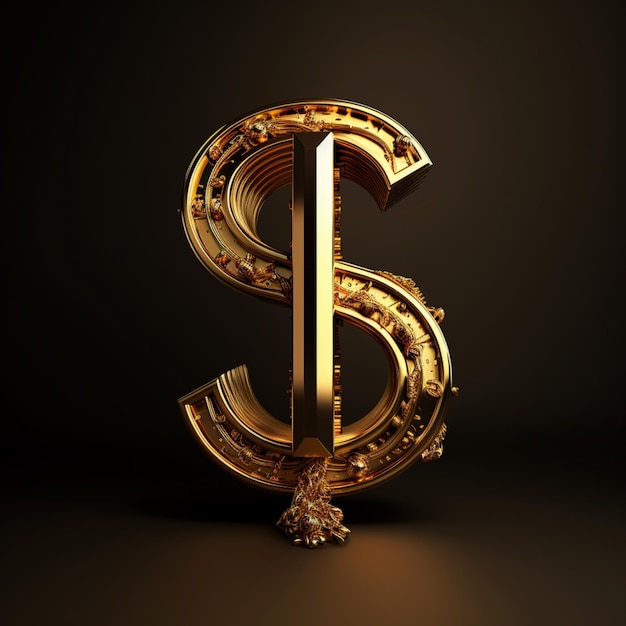 a golden dollar sign on a black background in the style of gold and bronze