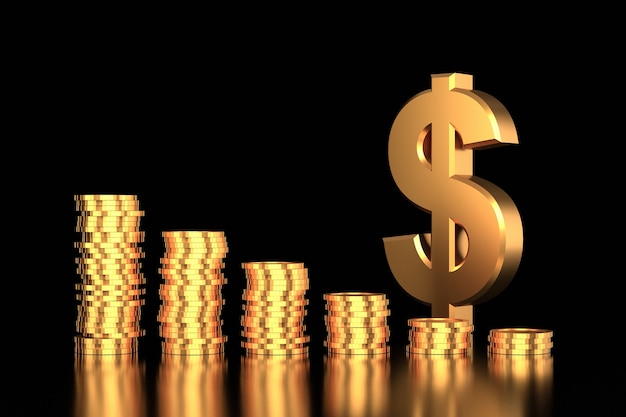 Golden dollar sign with coins stack. 3D rendering.