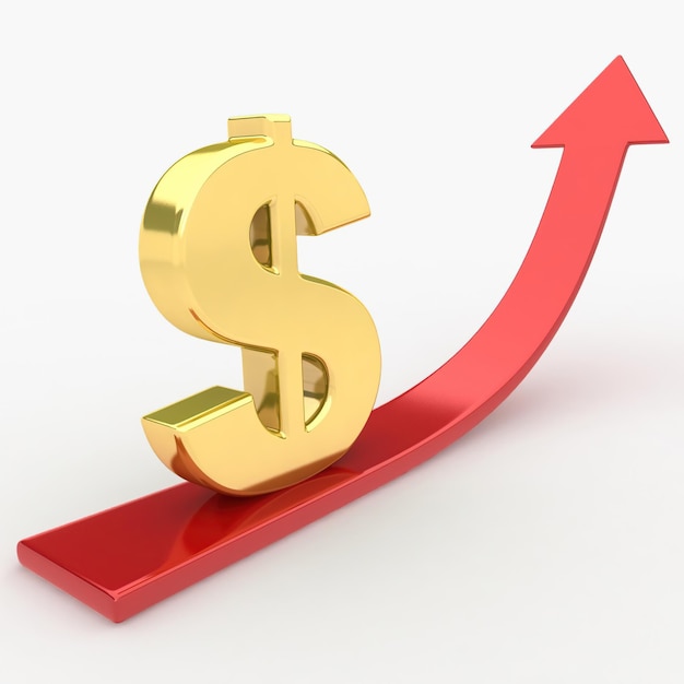Photo golden dollar sign with growing up red arrow 3d render illustration