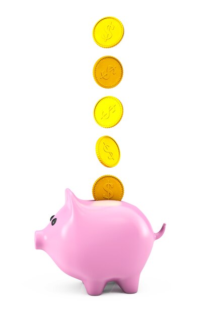 Golden dollars coins falling into a pink piggy bank on a white background