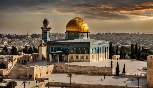 Photo a golden dome of a mosque is surrounded by a cityscape