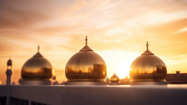 A golden dome of a mosque with the sun setting behind it