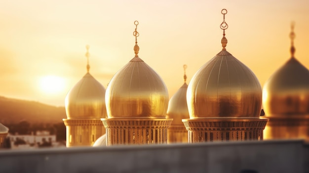 The golden domes of the mosque are visible at sunset.