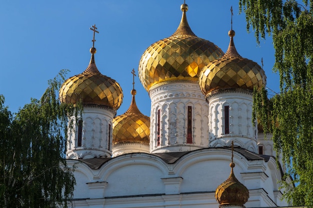 Golden domes of patiev Ipatievsky Monastery under a gloomy cloudy sky Kostroma Golden Ring Russia