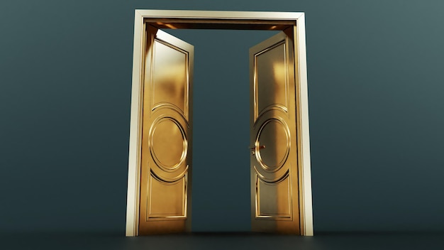 Photo golden door open entrance in dark background room 3d render of gold open door