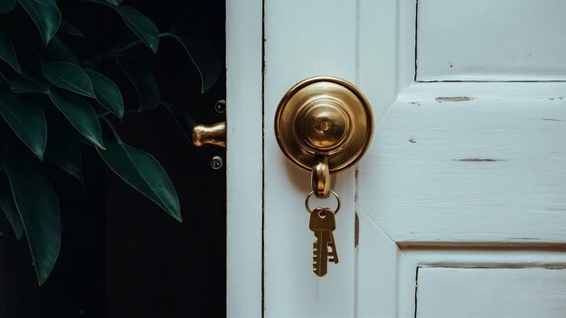 白いドアに鍵をつけた金色のドアハンドル
