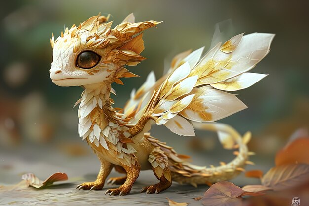 Photo golden dragon amidst fallen leaves fantasy scene